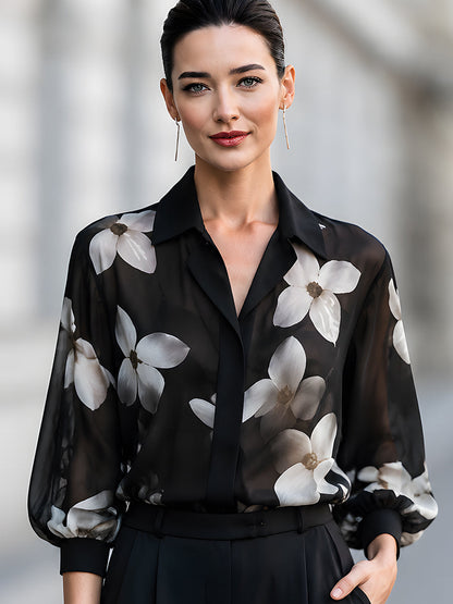 Elegant Black Sheer Floral Print Chiffon Blouse