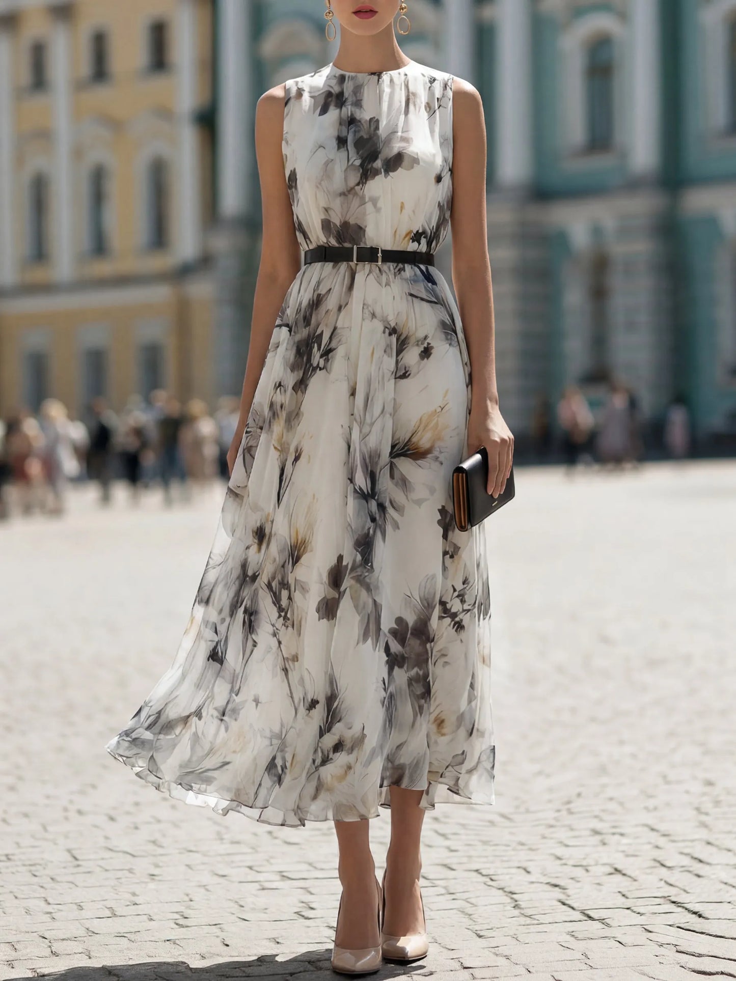 Watercolor Floral Pleated Sleeveless Maxi Dress