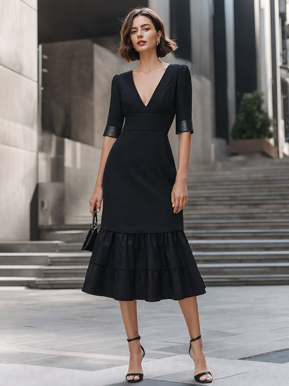 Leather-Trim V-Neck Tiered Midi Dress