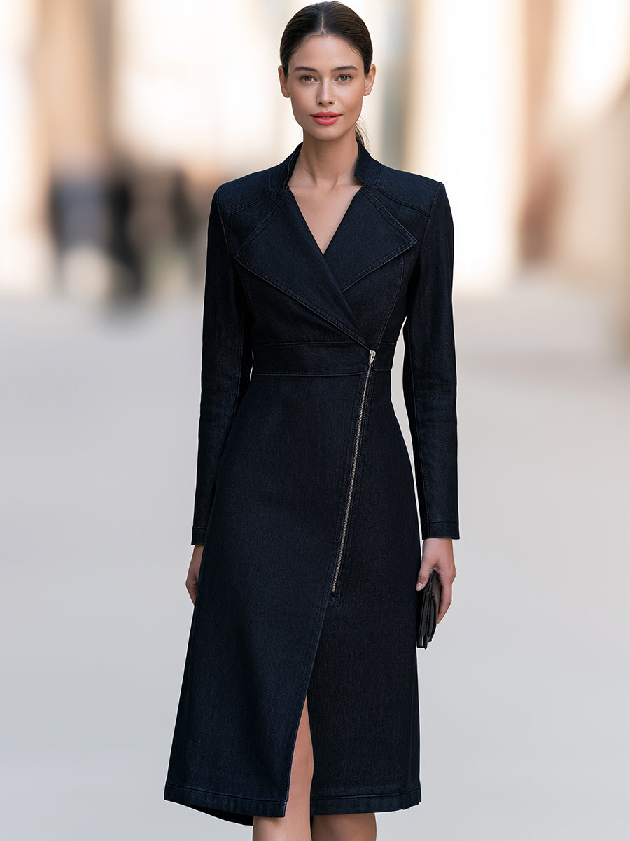 Asymmetric Zip Denim Wrap Midi Dress