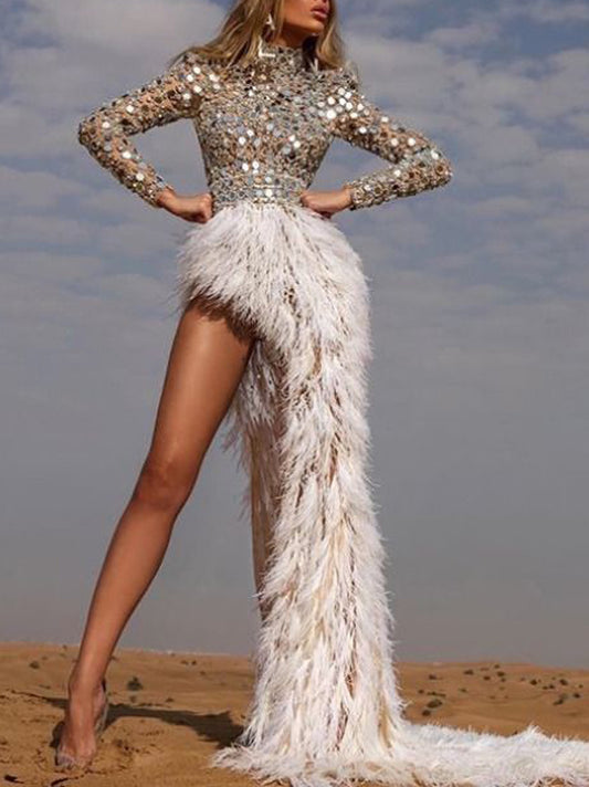 Mini-robe de soirée empire à sequins et plumes, manches longues et col rond, élégante