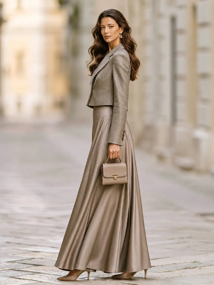 Cropped Single-Button Blazer And Full Maxi Skirt Set