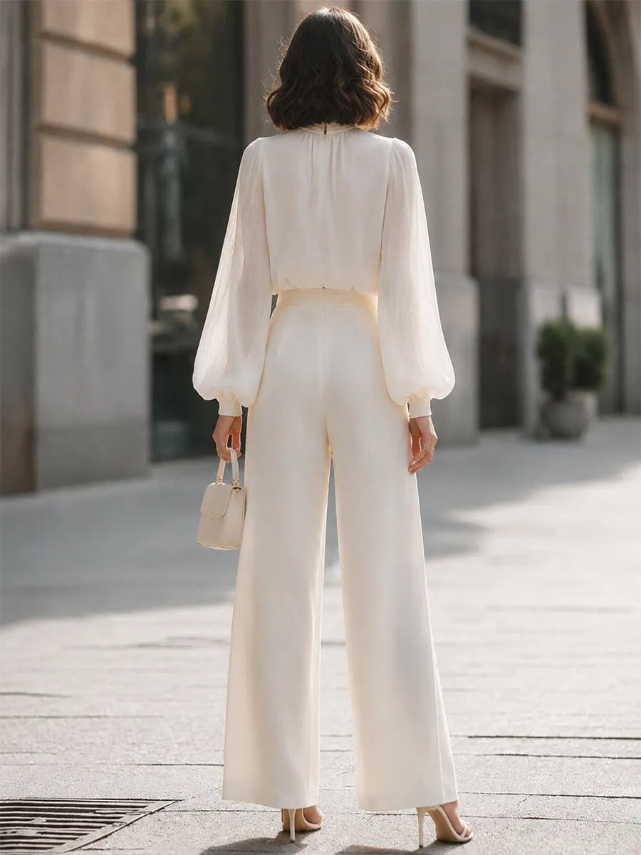 Elegant High Neck Lantern Sleeve Blouse & Wide Leg Trousers Set