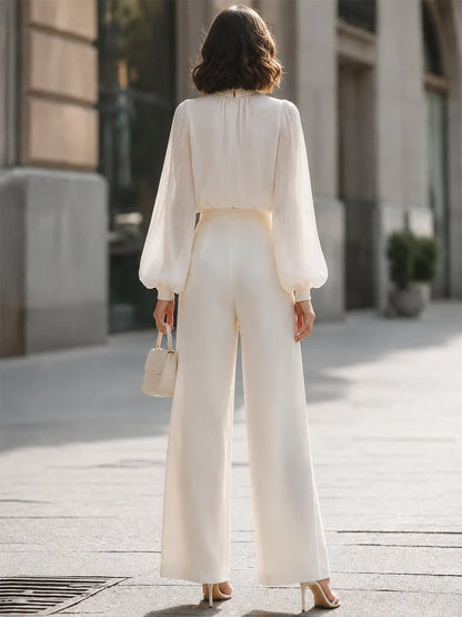 Elegant High Neck Lantern Sleeve Blouse & Wide Leg Trousers Set