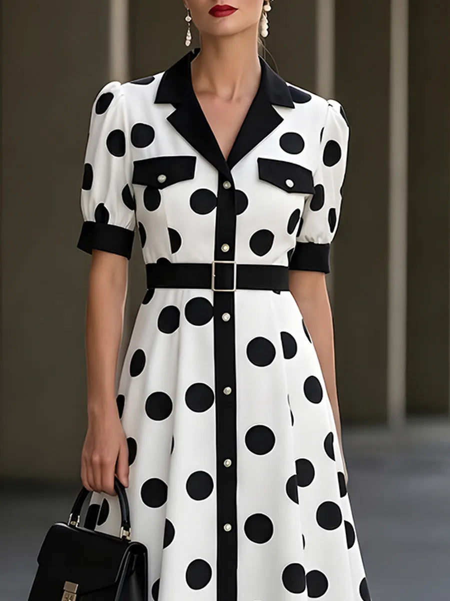 Black And White Polka Dot Shirt Dress (Mid-Length)