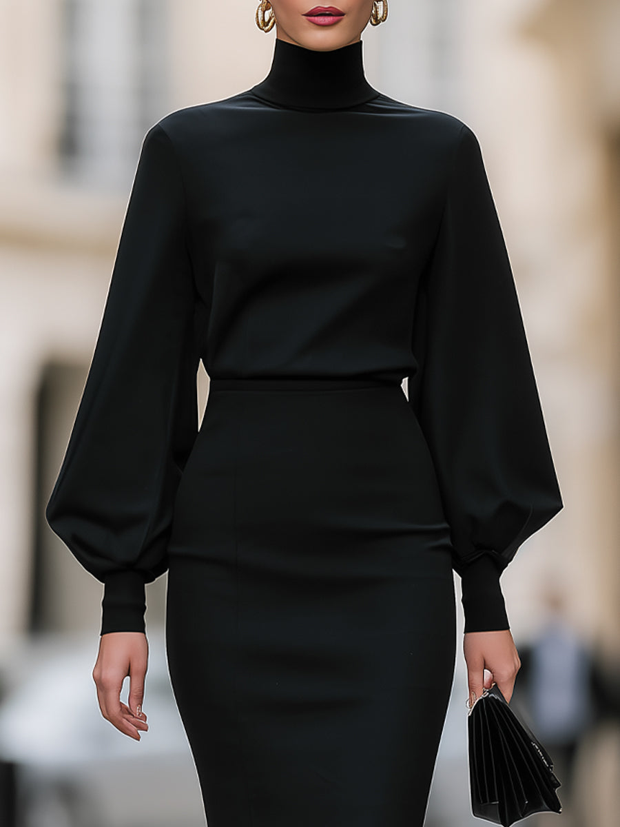 Mock-Neck Bishop-Sleeve Tailored Midi Dress