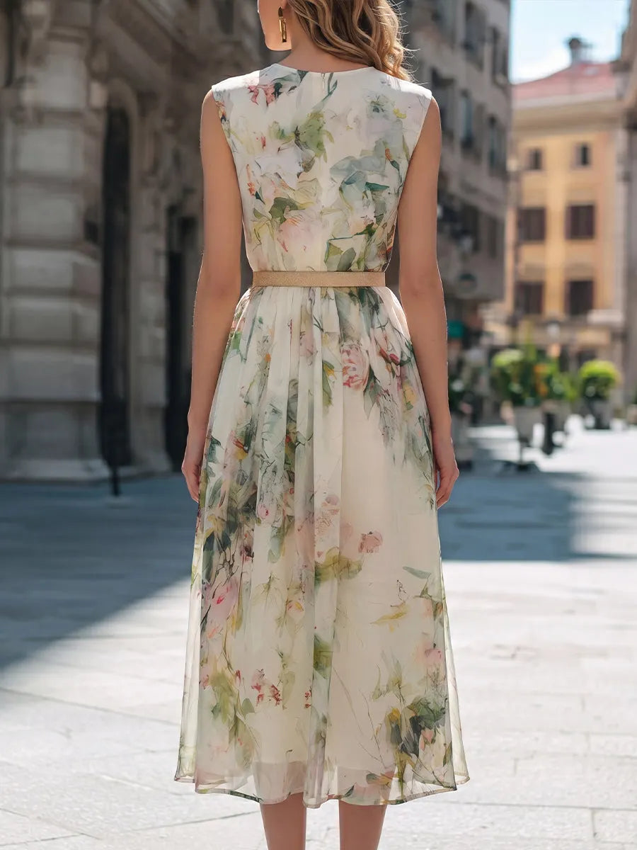 Watercolor Floral Sleeveless Belted Midi Dress