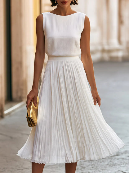 Sleeveless Pleated Chiffon Flowy A-Line Skirt Midi Dress