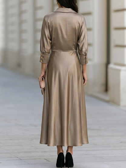 Satin Wrap Collar Maxi Dress With Gold Button Cuff Detail