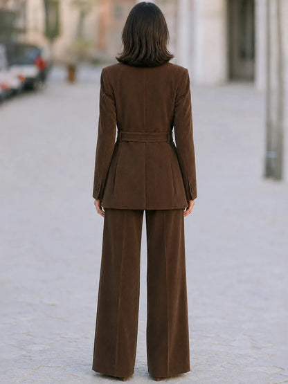 Elegant Corduroy Tailored Blazer And Wide Leg Pants Suit Set