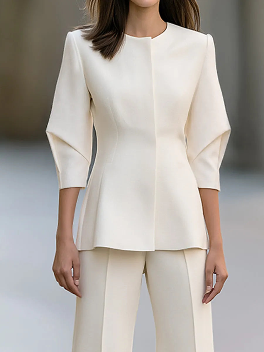 Sculpted Sleeve Peplum Jacket And Wide-Leg Pants Set