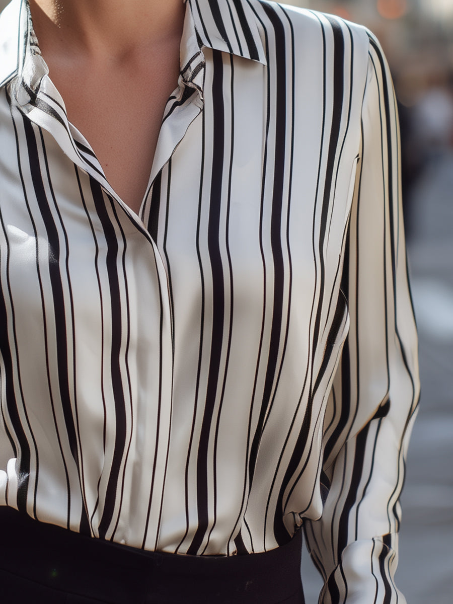 Vertical Stripe Relaxed Button-Up Blouse