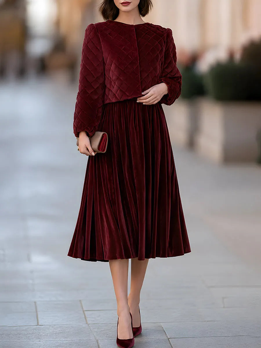 Quilted Velvet Jacket & Pleated Midi Skirt Set