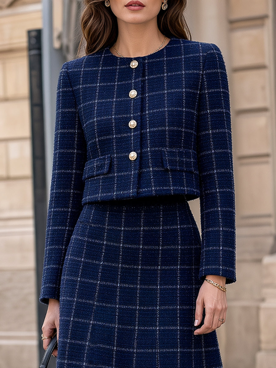 Plaid Tweed Crop Jacket & Midi Skirt Tailored Set