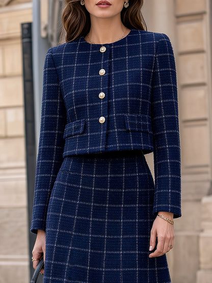 Plaid Tweed Crop Jacket & Midi Skirt Tailored Set