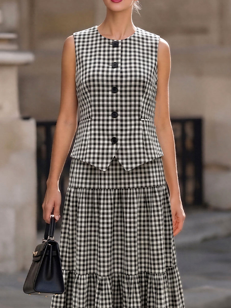 Black-and-White Gingham Sleeveless Peplum Waistcoat & Midi Skirt Two-Piece Suit