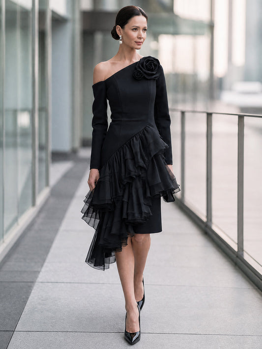 One-Shoulder Rosette Cascading Ruffle Midi Dress