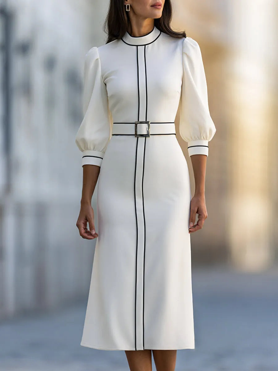 Elegant Contrast-Trim Belted Midi Dress