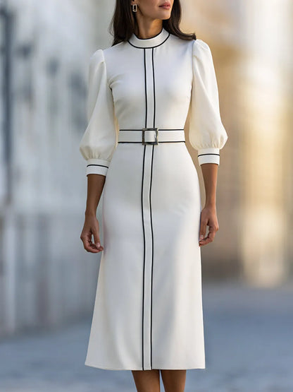 Elegant Contrast-Trim Belted Midi Dress