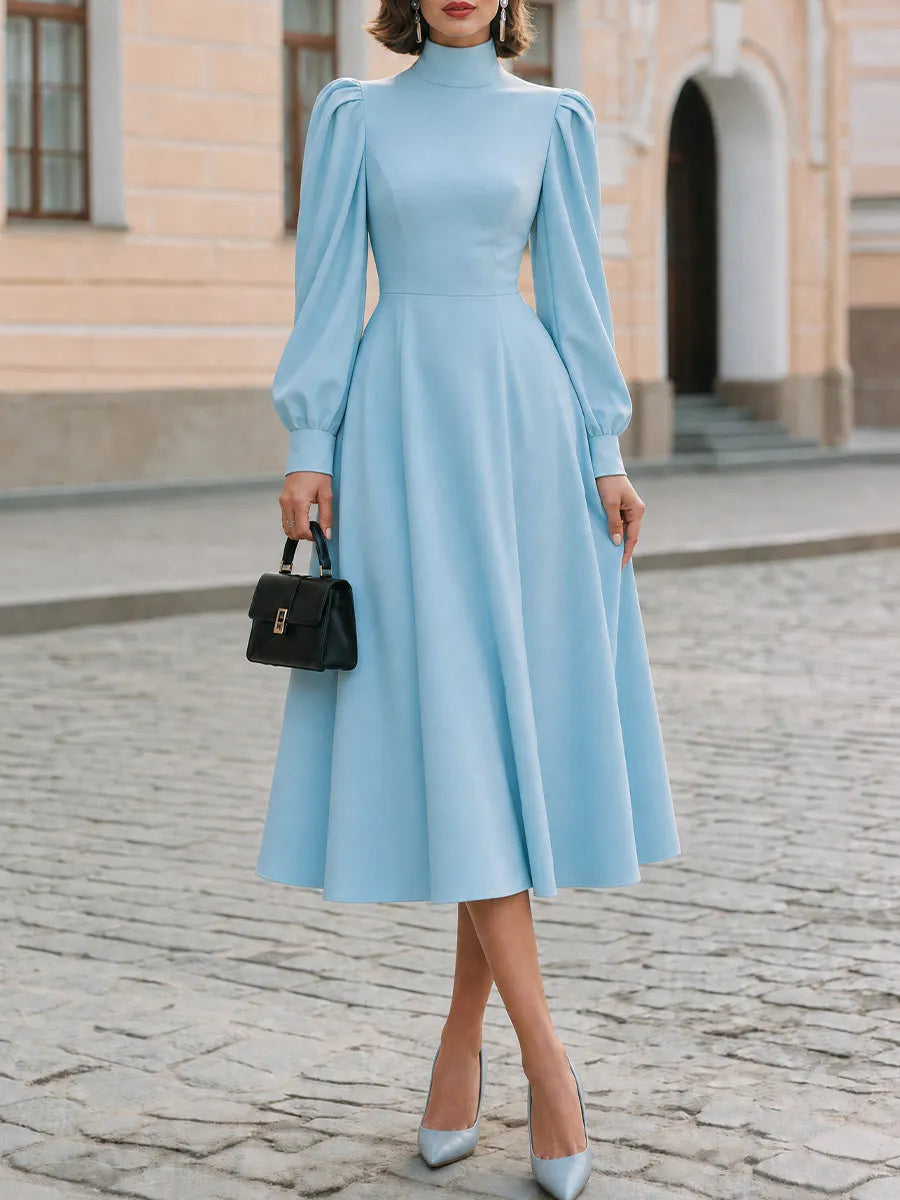 Wedding Guest Formal High Neck Puff Bishop Long Sleeve  Midi Dress