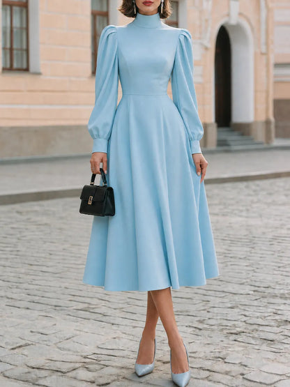 Wedding Guest Formal High Neck Puff Bishop Long Sleeve  Midi Dress