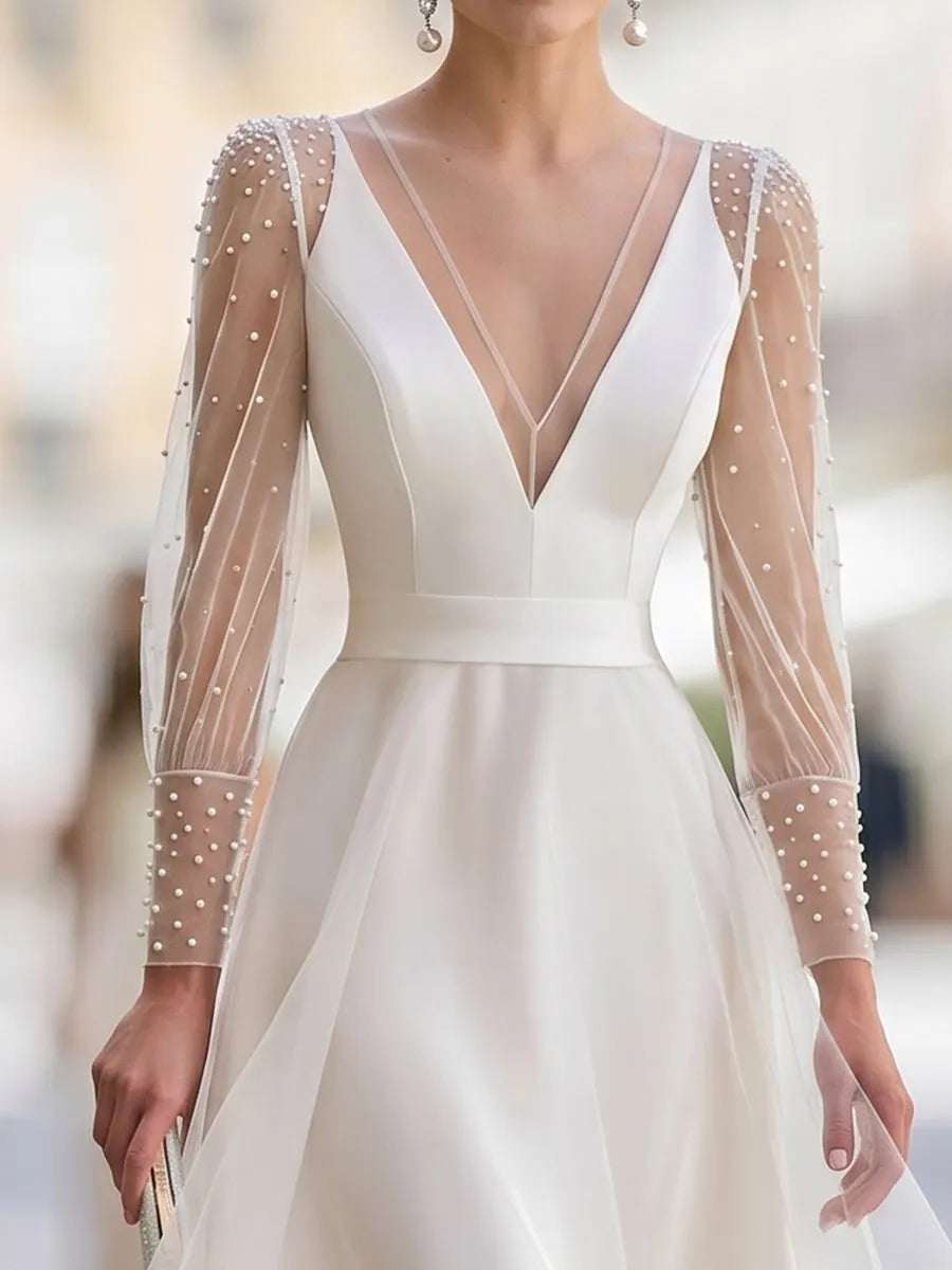 Pearl-Embellished Sheer Tulle Sleeve A-Line Midi Dress