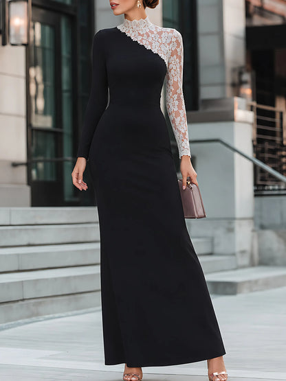 Asymmetric Lace-Spliced Maxi Dress