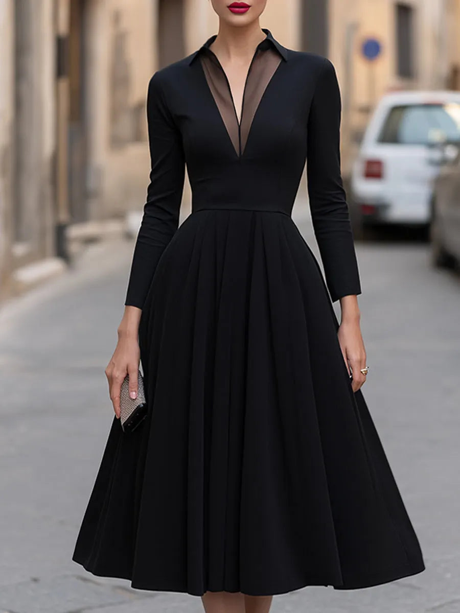 Black Sheer V-Neck Long Sleeve A-Line Midi Dress