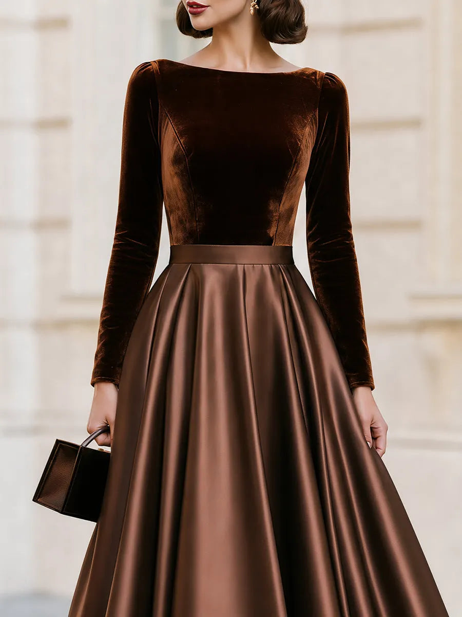 Boat Neck Long‐Sleeve Velvet‐Bodice Satin‐Skirt Midi A‐Line Dress