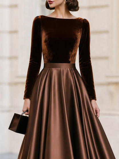Boat Neck Long‐Sleeve Velvet‐Bodice Satin‐Skirt Midi A‐Line Dress
