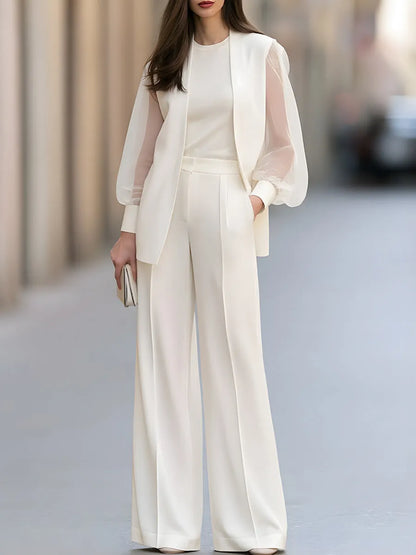 Women's Sheer Puff-Sleeve Blazer And Wide-Leg Trousers Two-Piece Set