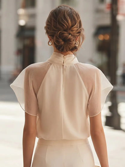 Flutter Sleeve Mock Neck Blouse with Soft Draped Silhouette
