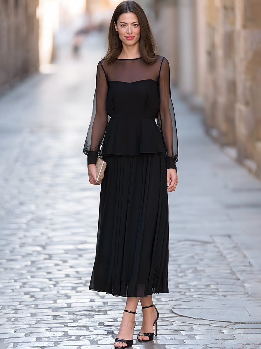 Two-Piece Se Sheer Mesh Bodice & Pleated Chiffon Maxi Skirt