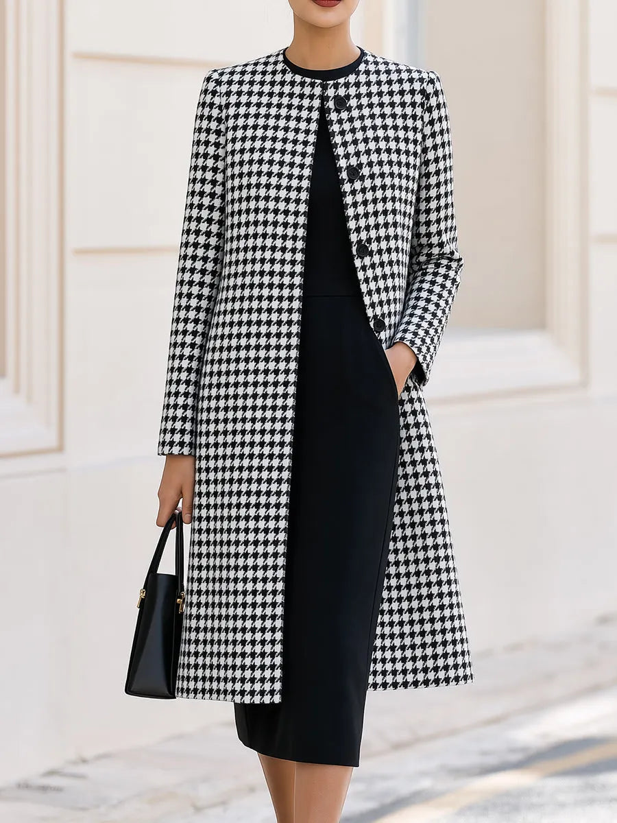Black & White Houndstooth Coat & Black Midi Dress Two-Piece Co-Ord Set