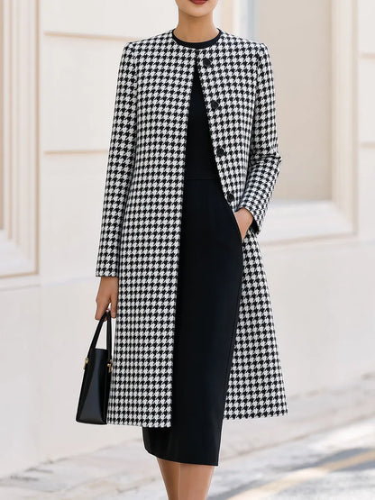 Black & White Houndstooth Coat & Black Midi Dress Two-Piece Co-Ord Set