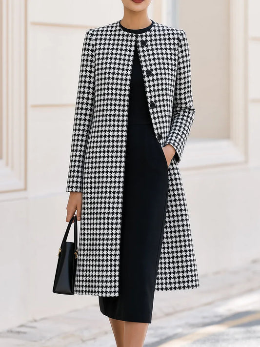 Black & White Houndstooth Coat & Black Midi Dress Two-Piece Co-Ord Set