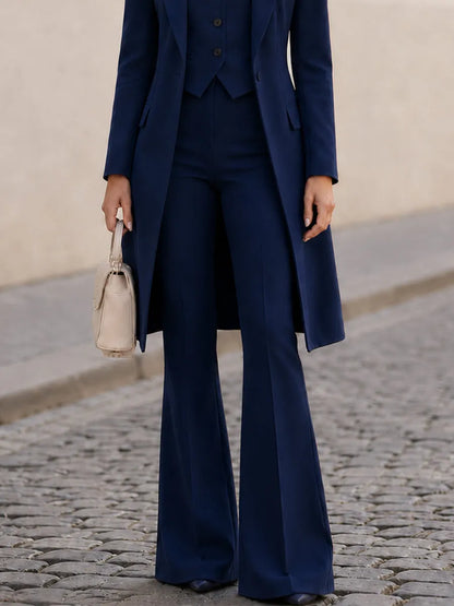 Three-Piece Suit, Long Line Blazer + V-Neck Vest + Flared Trousers Formal  Set