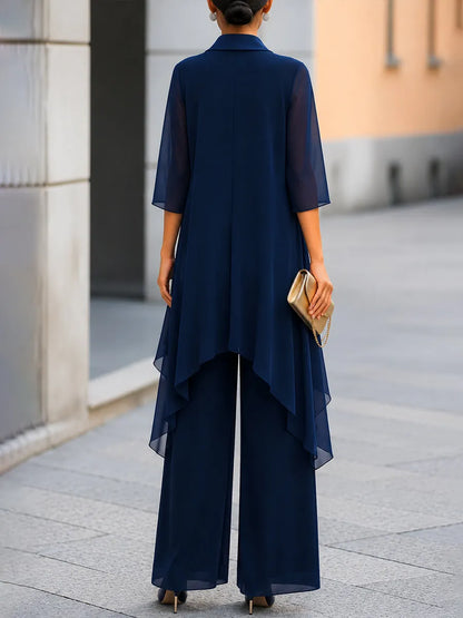 Layered Chiffon Overlay Top And Wide-Leg Trousers Two-Piece Set