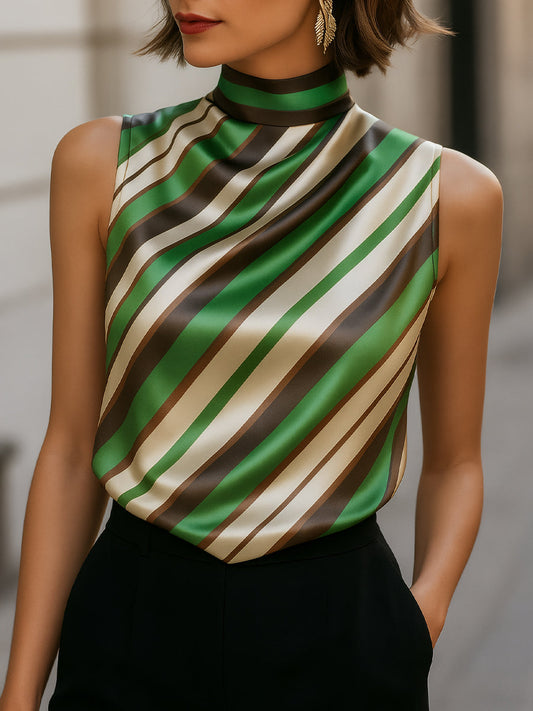 Blusa Sem Mangas de Gola Alta em Cetim Listrado