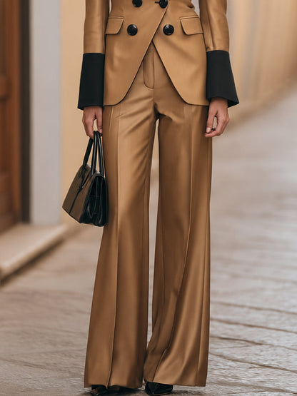 Contrast-Lapel Double-Breasted Wide-Leg Pants Set
