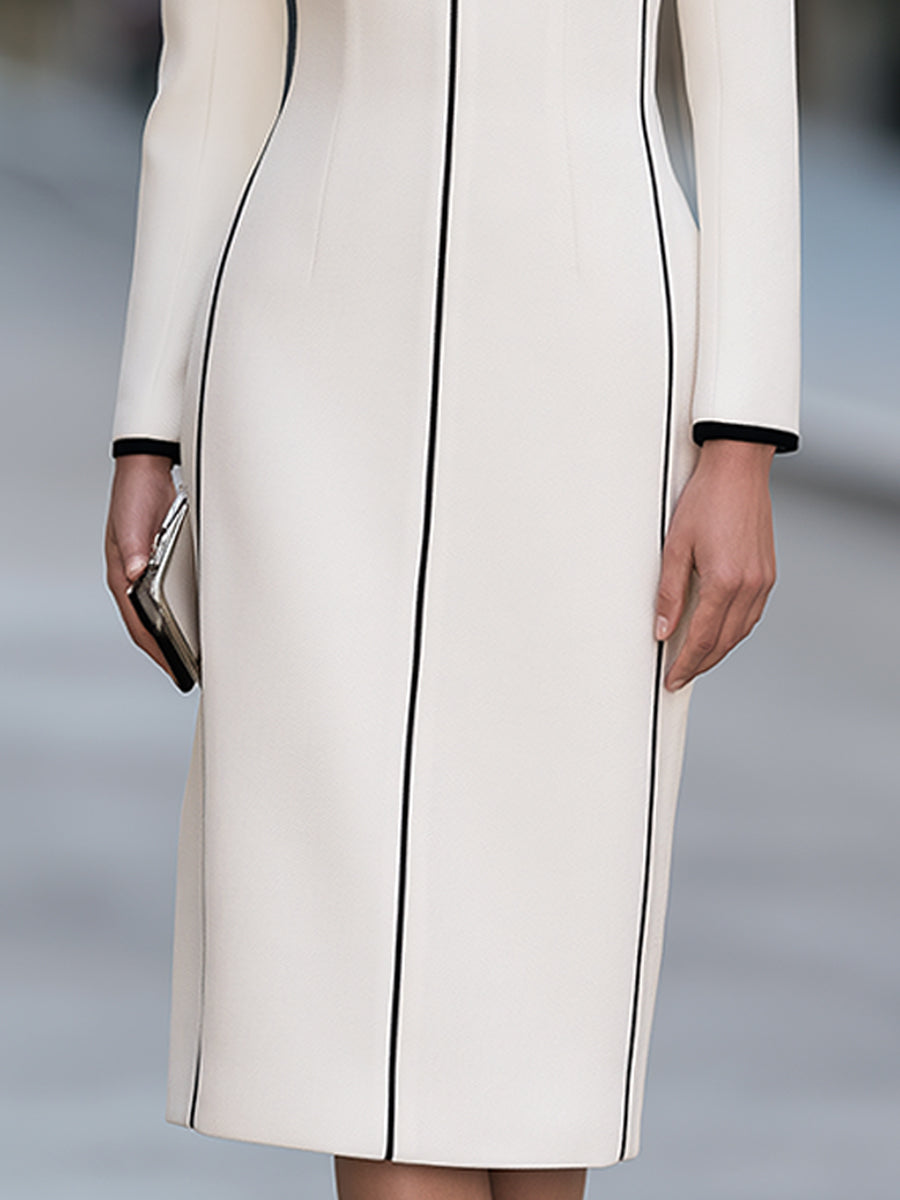 Elegant Contrast Trim White Tailored Midi Dress