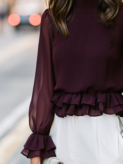 Ruffled Mock Neck Peplum Blouse
