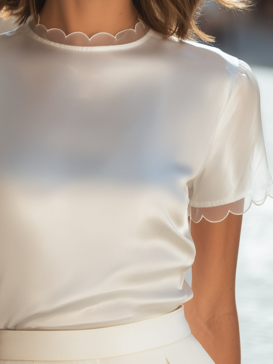 Scalloped Trim Short Sleeve Silk Satin Blouse Top