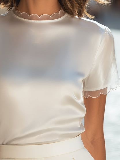 Scalloped Trim Short Sleeve Silk Satin Blouse Top