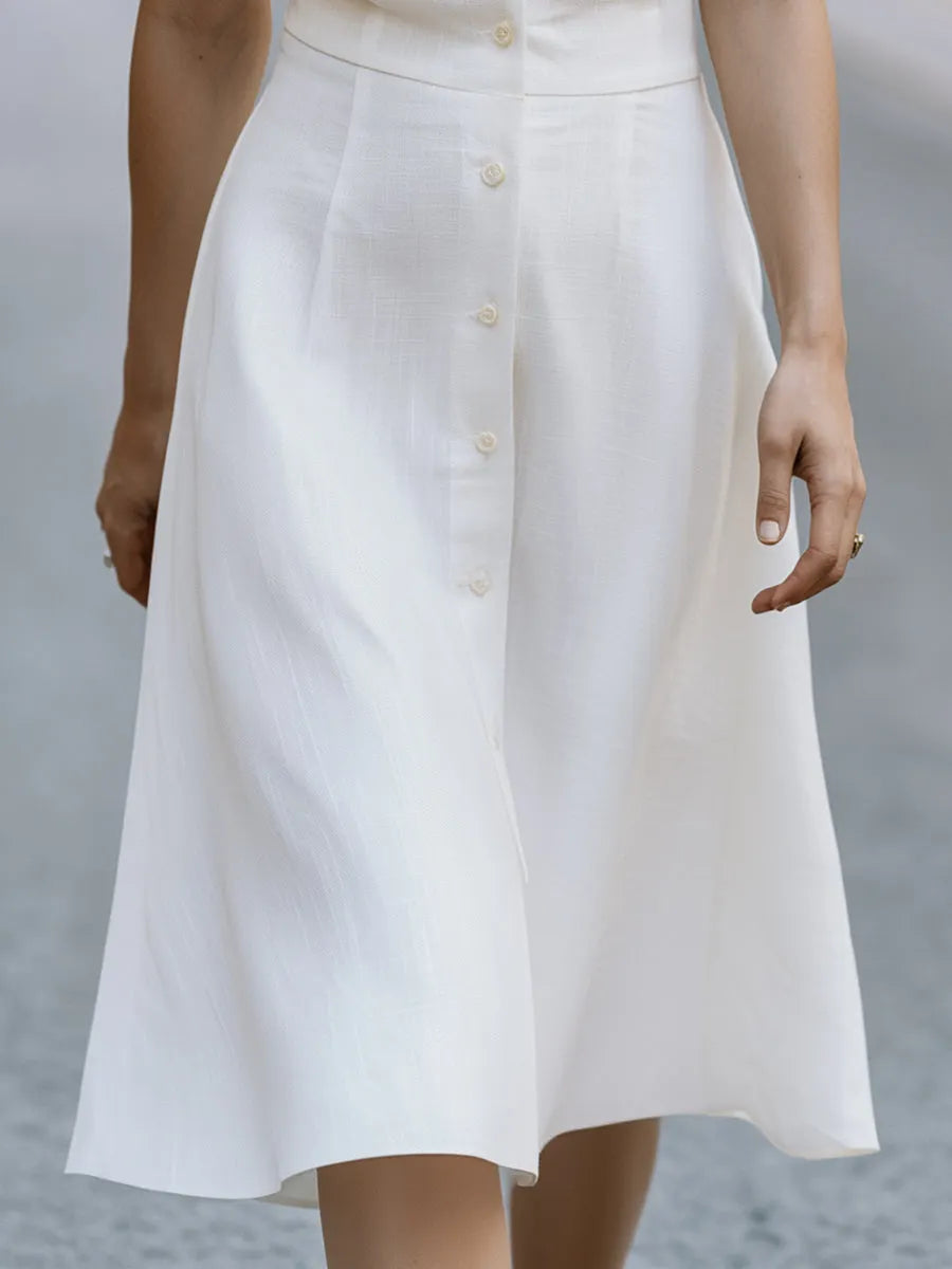 Linen Shirt Midi Dress With Front Button Closure And Flared A-Line Silhouette