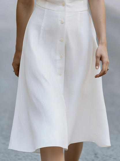 Linen Shirt Midi Dress With Front Button Closure And Flared A-Line Silhouette