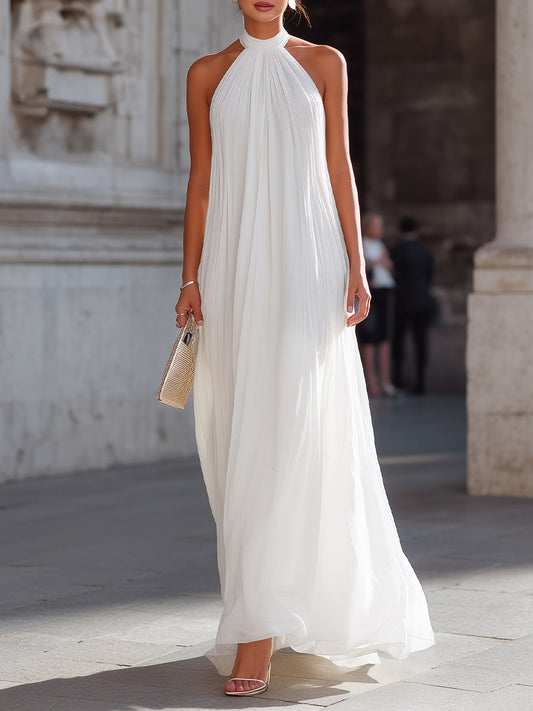 Pleated Halter Neck Flowing Maxi Dress