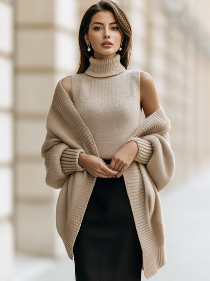 Sleeveless Turtleneck and Oversized Cardigan Two-Piece Set