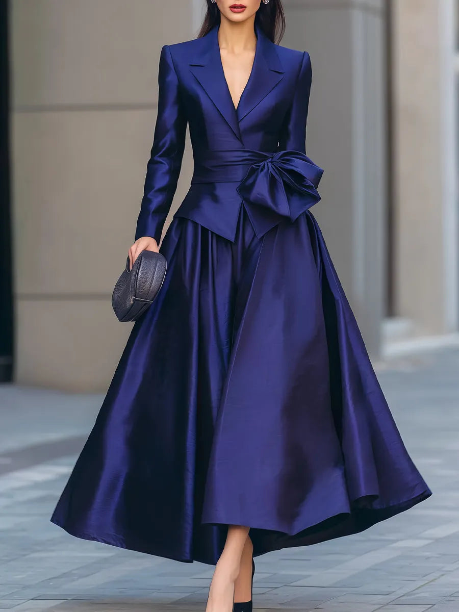 Satin Bow Tie Blazer & Maxi Skirt Two-Piece Set