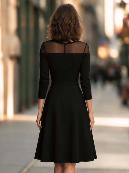 Sheer Yoke Boat-Neck Fit-and-Flare Midi Dress